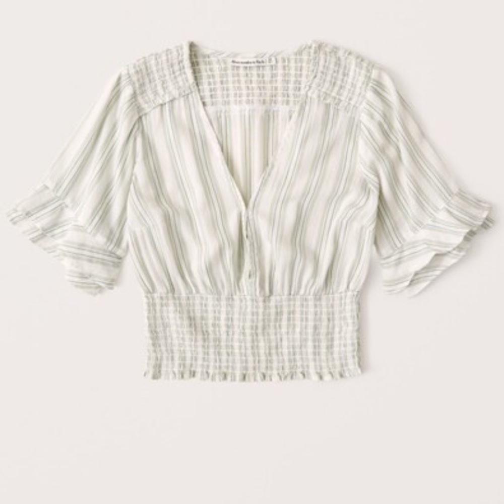 NWT! Abercrombie and Fitch Short-Sleeve Smocked-Waist Top LIGHT GREEN STRIPE XL